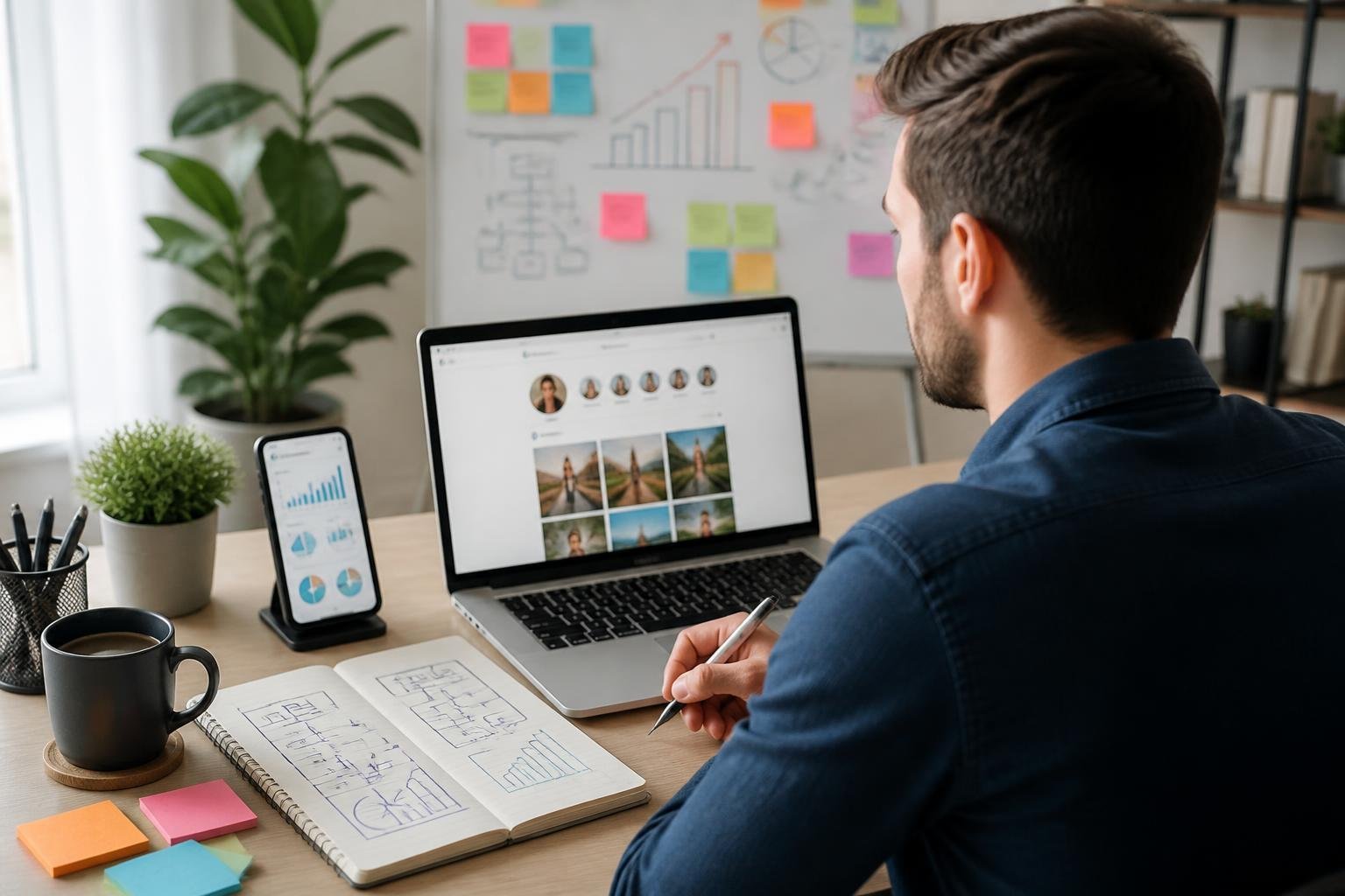 A person working at a desk with a laptop and smartphone showing Instagram analytics, surrounded by notes and diagrams about social media strategies.