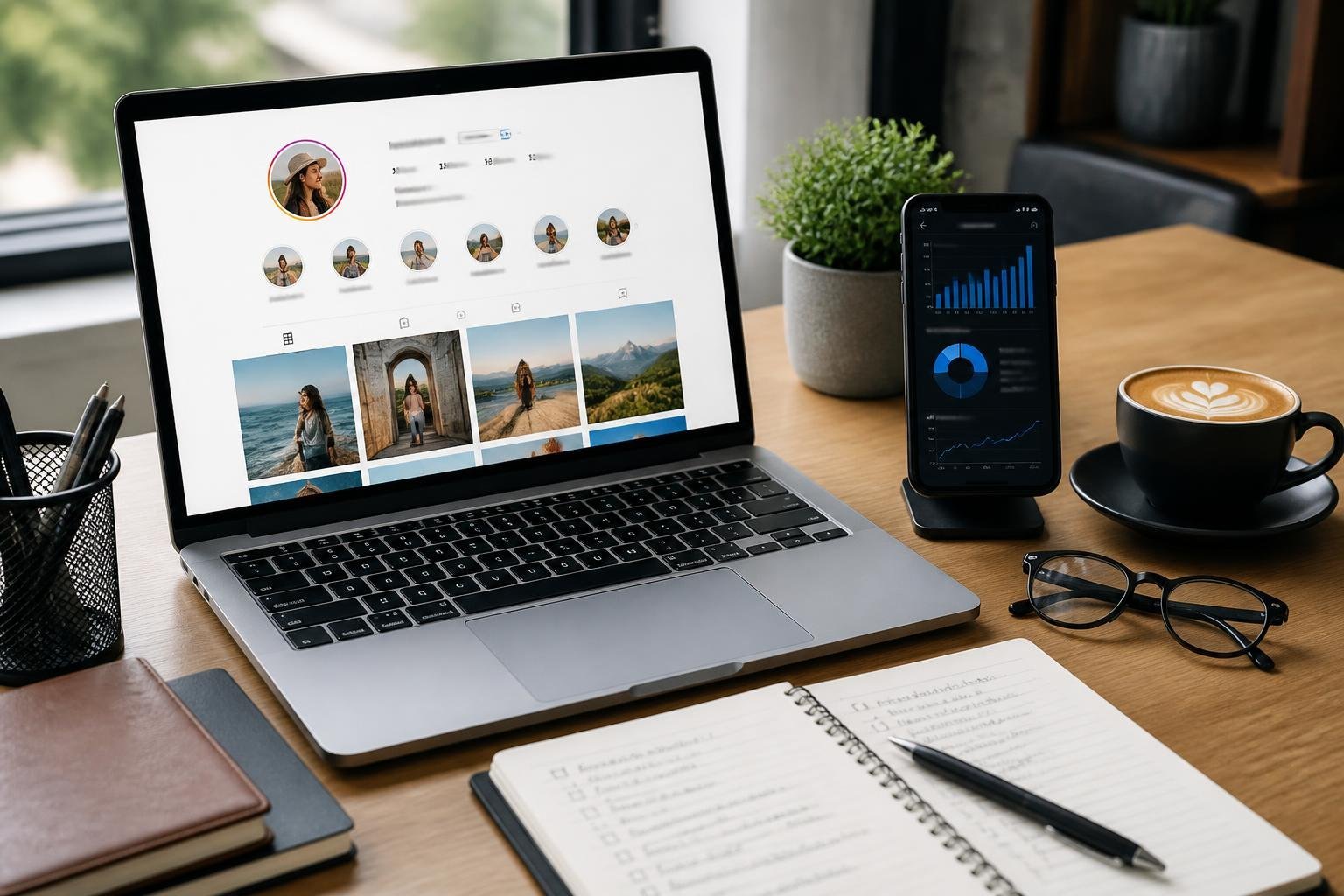 A bright modern workspace with a laptop showing an Instagram profile page and a smartphone displaying analytics, surrounded by a notebook, coffee cup, glasses, and a small plant.