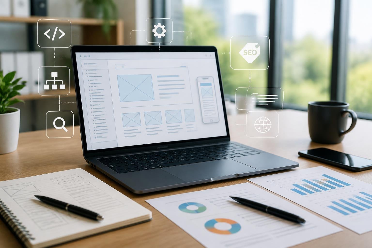 A modern workspace with a laptop showing a webpage layout and floating metadata icons, surrounded by notes and charts in a bright office.