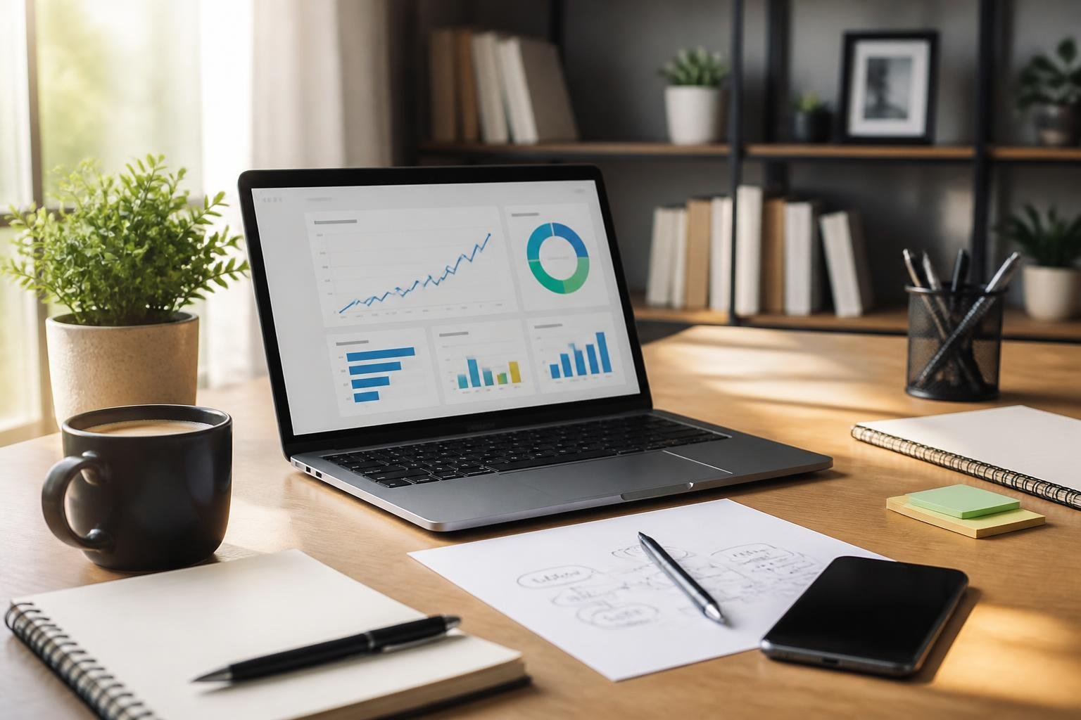A modern workspace with a laptop showing analytics, notes, a smartphone, and a coffee cup on a desk.