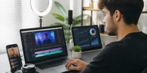 A young adult content creator working at a desk with a laptop and smartphone displaying TikTok video editing and analytics tools.