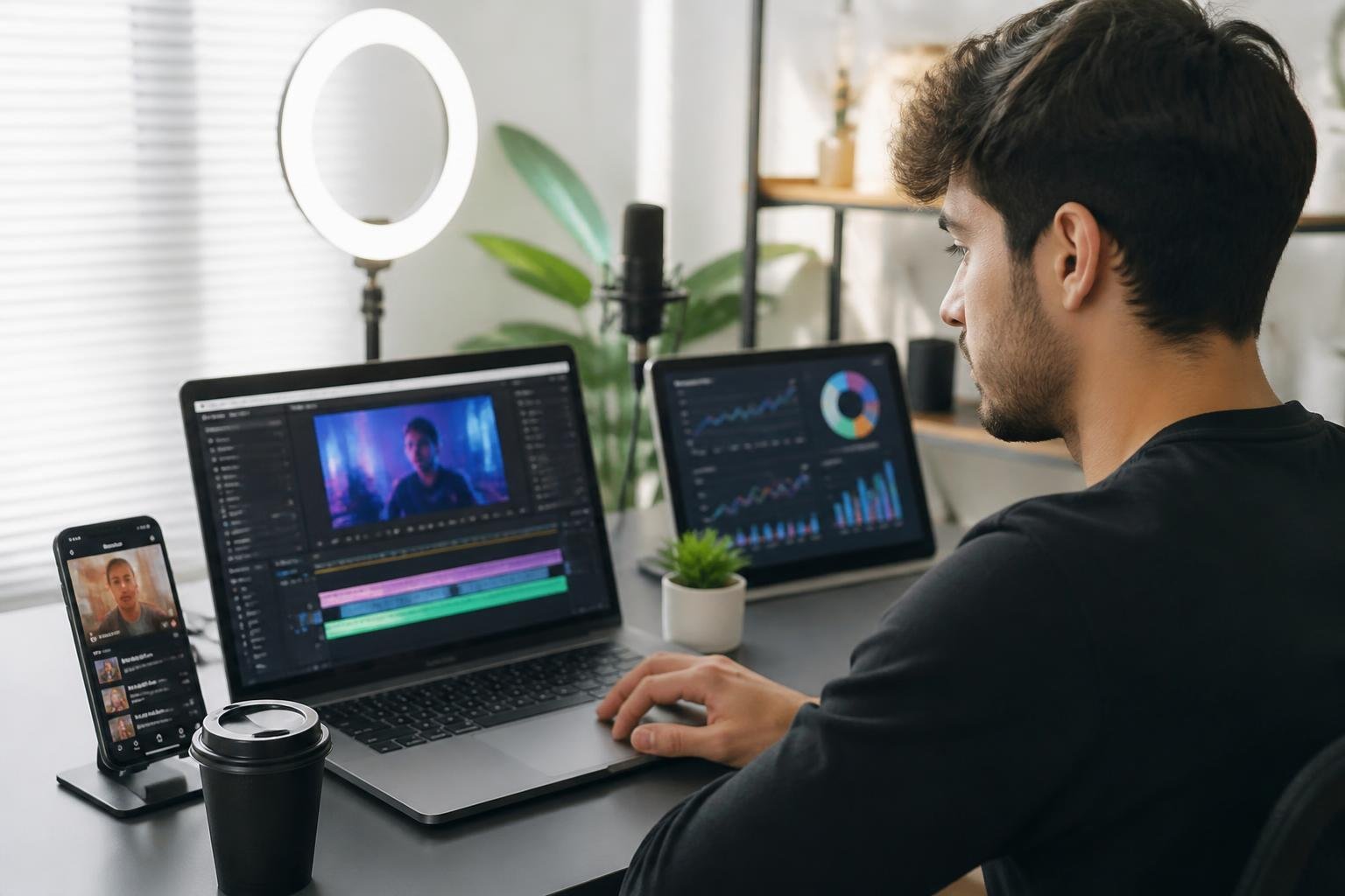 A young adult content creator working at a desk with a laptop and smartphone displaying TikTok video editing and analytics tools.