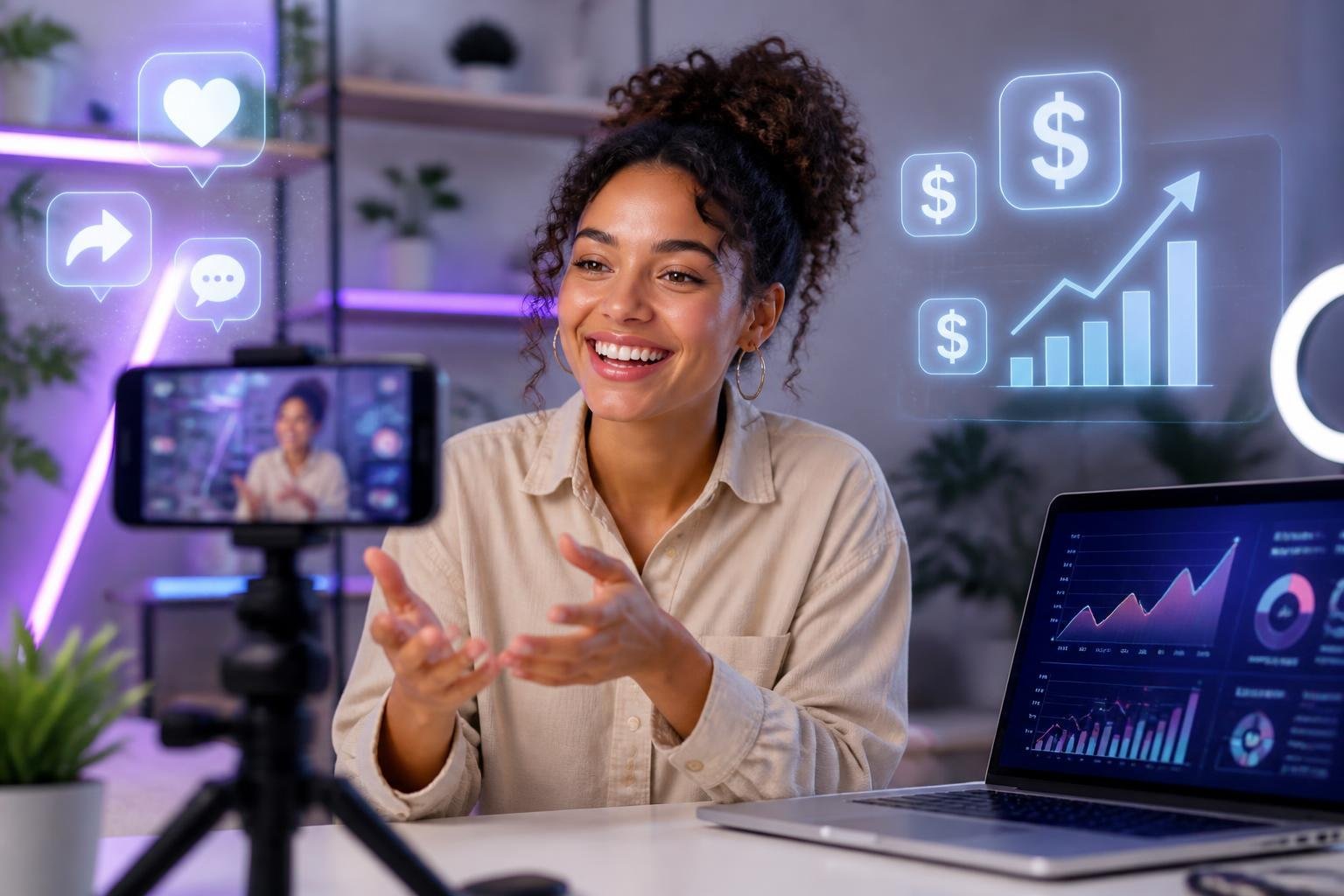 A content creator recording a video on a smartphone in a home studio with digital icons showing social media engagement and earnings, alongside a laptop displaying analytics charts.