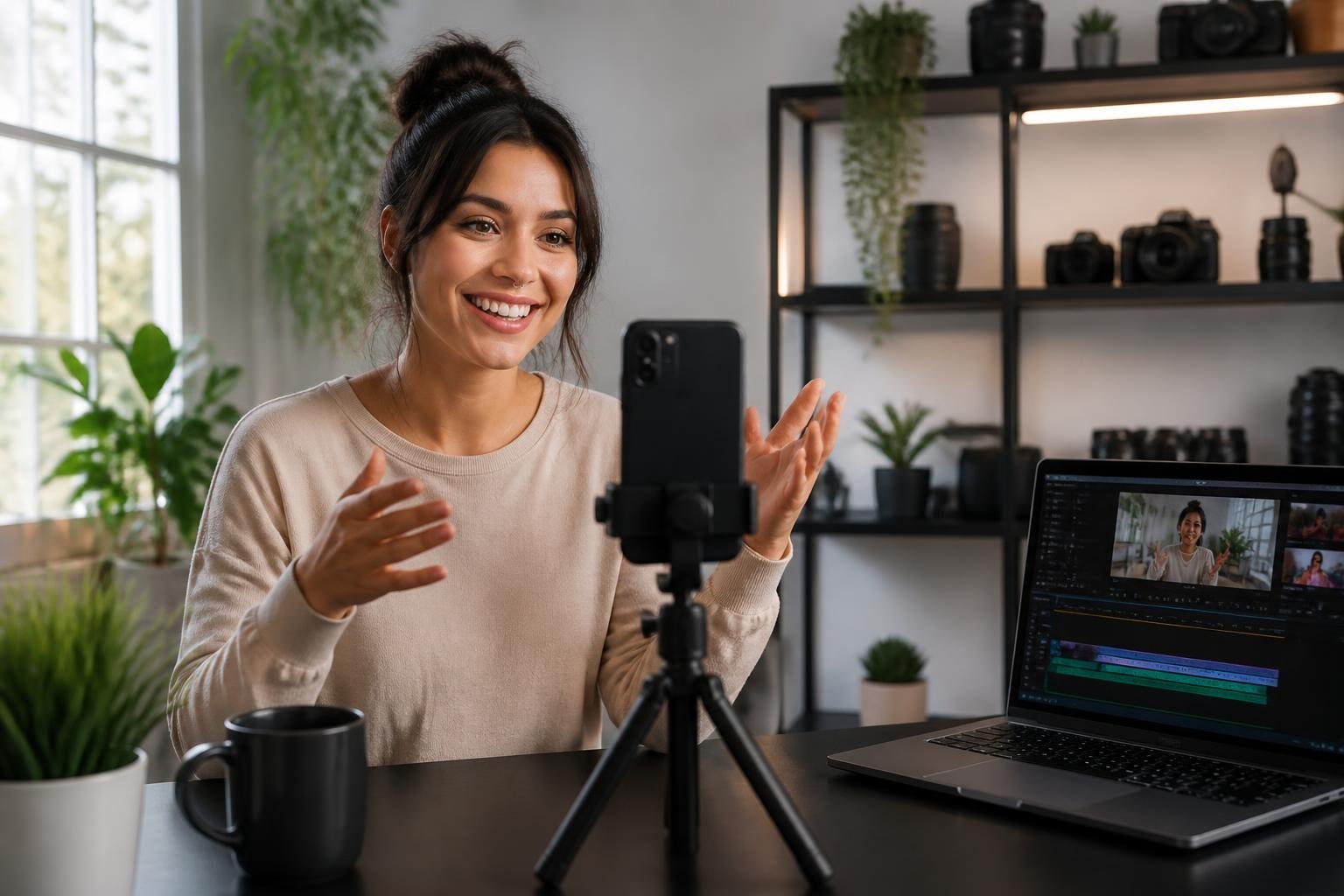 A person recording a TikTok video at a desk with a smartphone on a tripod and a laptop showing video editing software.