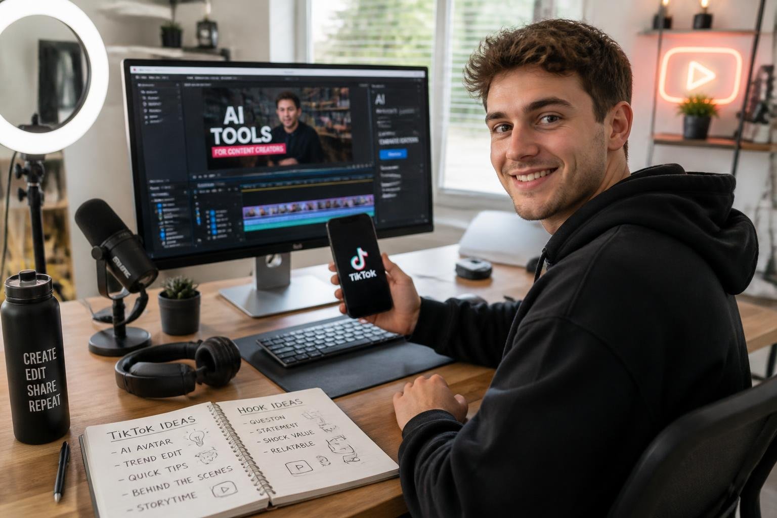 A person working at a desk with a computer and smartphone, creating TikTok videos using AI tools in a bright home office.