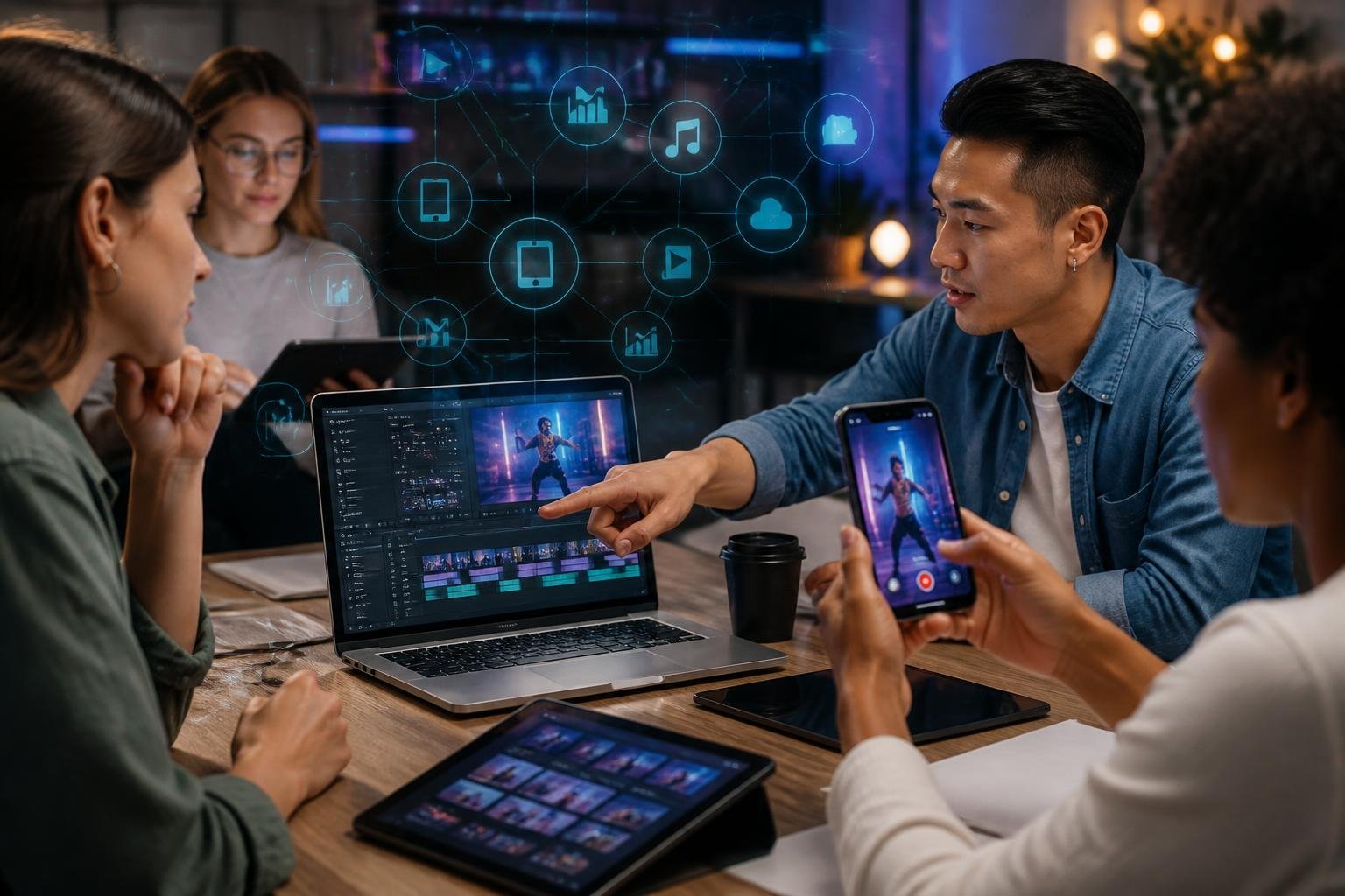 A group of young professionals working together with multiple digital devices showing video editing and social media interfaces in a modern workspace.