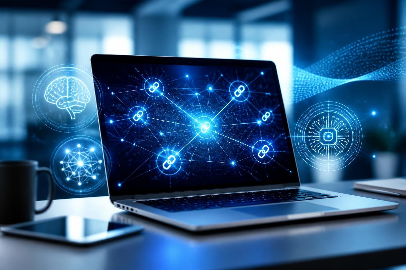 A laptop on a desk showing digital network connections with floating AI icons and glowing nodes representing backlinks.