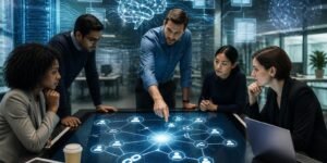 A group of professionals collaborating around a digital touchscreen table displaying interconnected web links and data streams in a modern office.