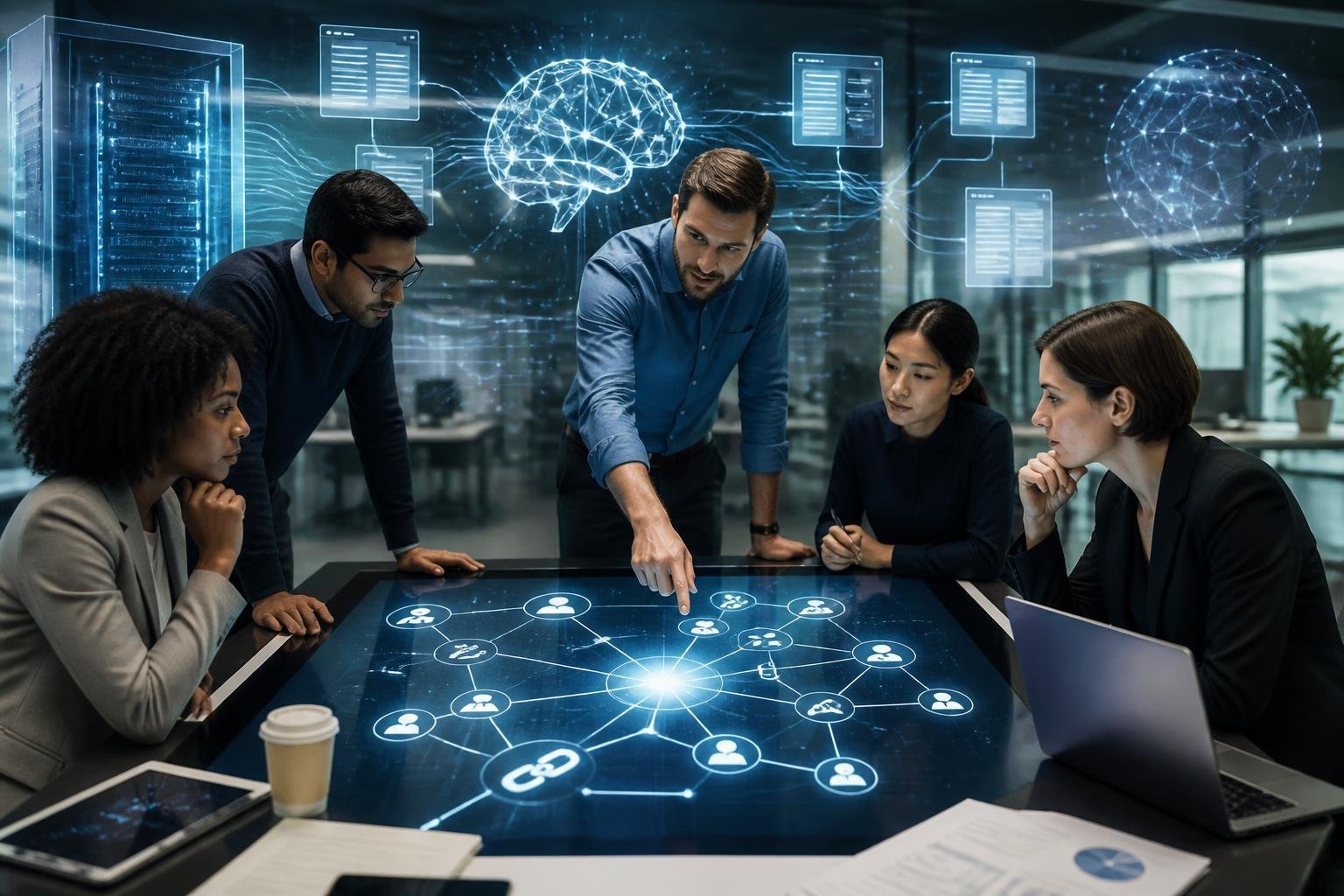 A group of professionals collaborating around a digital touchscreen table displaying interconnected web links and data streams in a modern office.