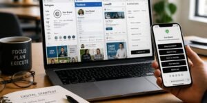 A workspace with a laptop and smartphone showing social media and link management tools, surrounded by office supplies.