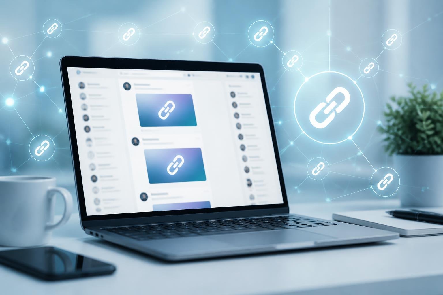 A laptop on a desk displaying a social media feed with icons representing clickable links, surrounded by glowing chain link graphics symbolizing connectivity.