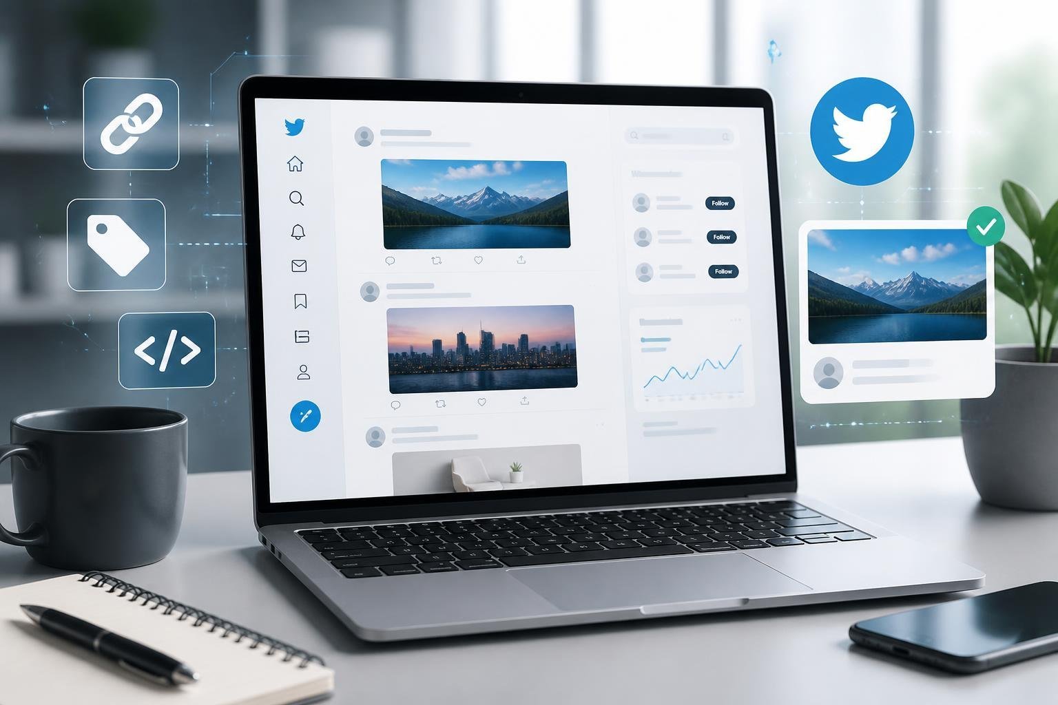 A modern workspace with a laptop showing social media preview cards and floating digital icons representing metadata and links.