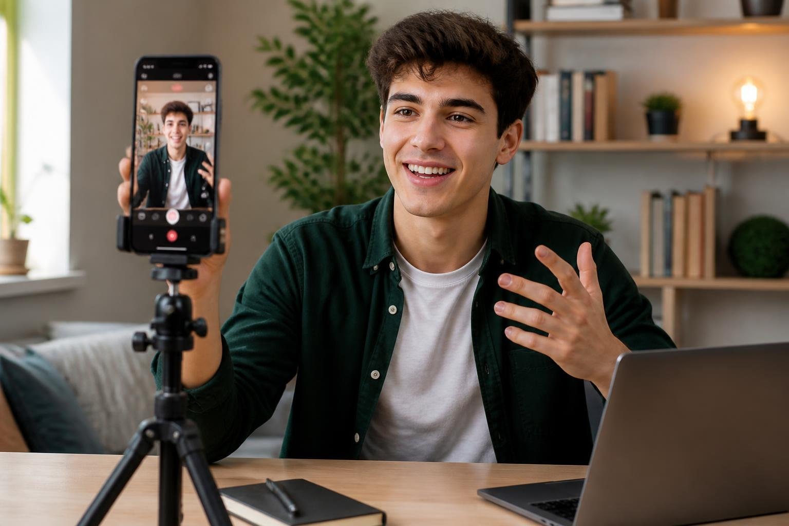 A young adult recording a TikTok video on a smartphone mounted on a tripod at a desk in a bright room.