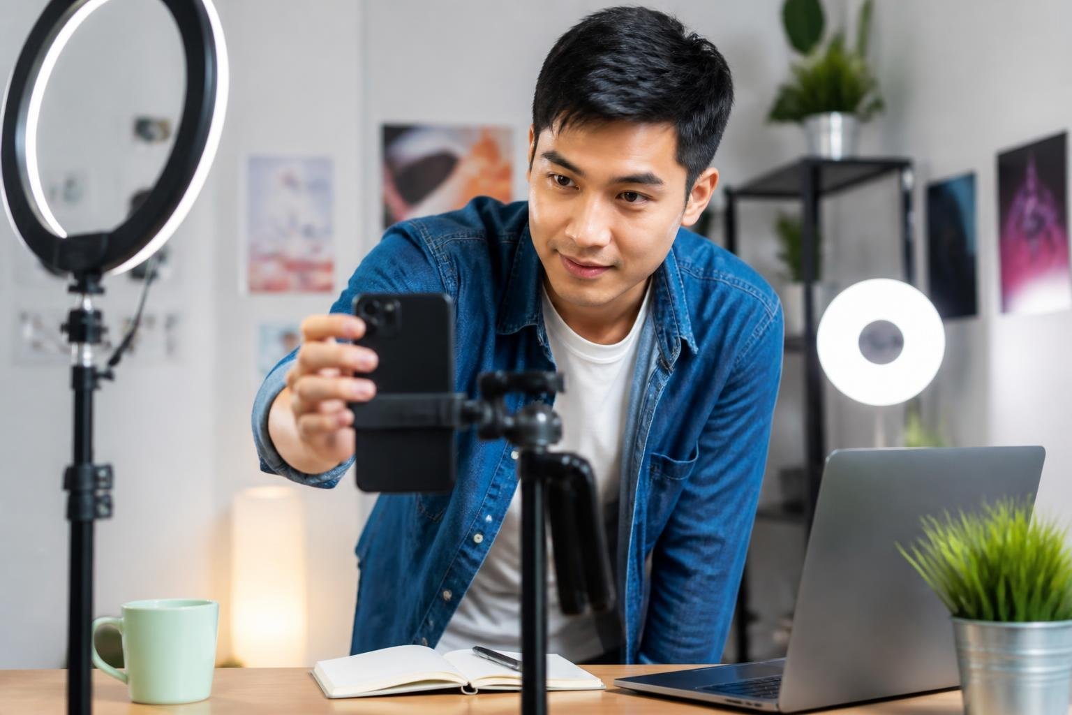A young adult adjusting a smartphone on a tripod in a bright room, preparing to record a video.