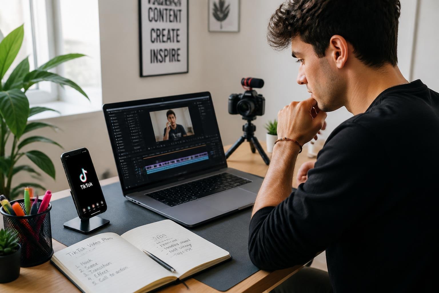 A person sitting at a desk using a laptop and smartphone to plan a TikTok video, surrounded by creative tools in a bright room.