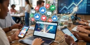 A laptop with floating social media icons above it, surrounded by diverse hands holding smartphones and tablets, with a blurred upward trending graph in the background.