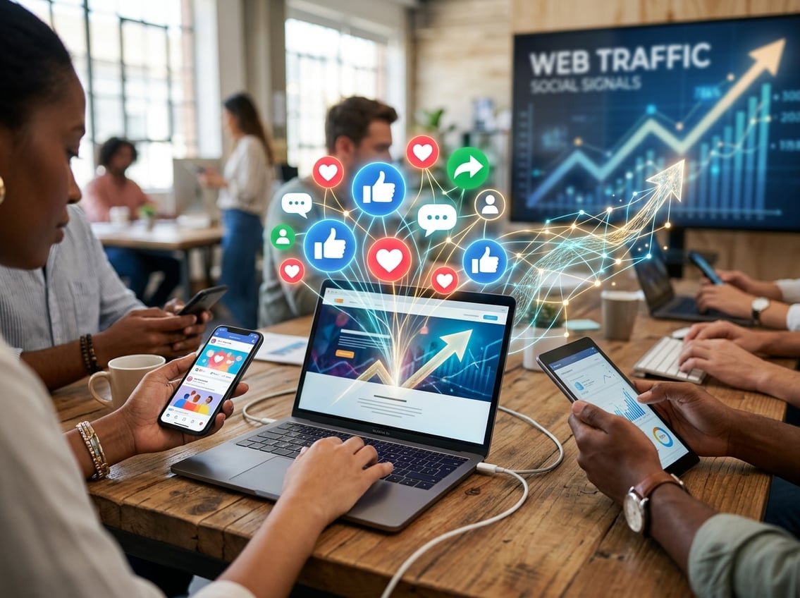 A laptop with floating social media icons above it, surrounded by diverse hands holding smartphones and tablets, with a blurred upward trending graph in the background.