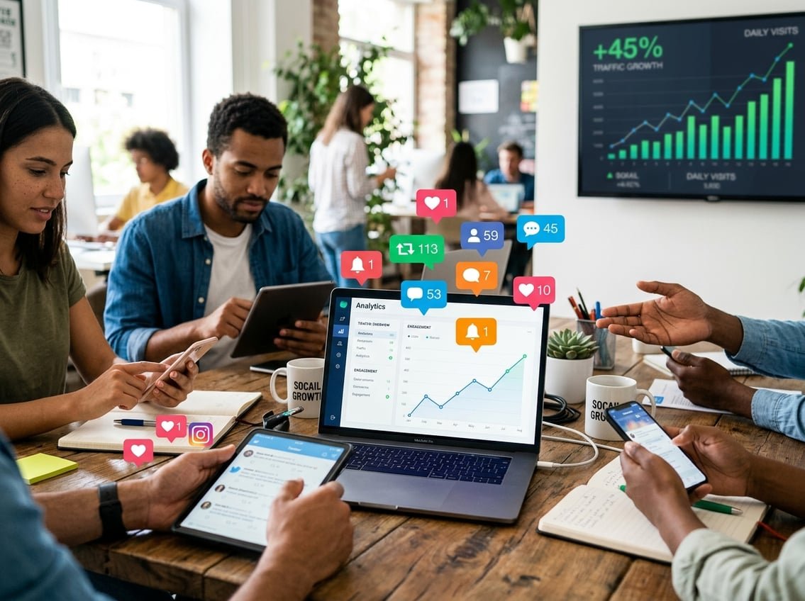 A workspace with a laptop showing social media icons and people using smartphones and tablets, with a digital graph in the background indicating rising web traffic.