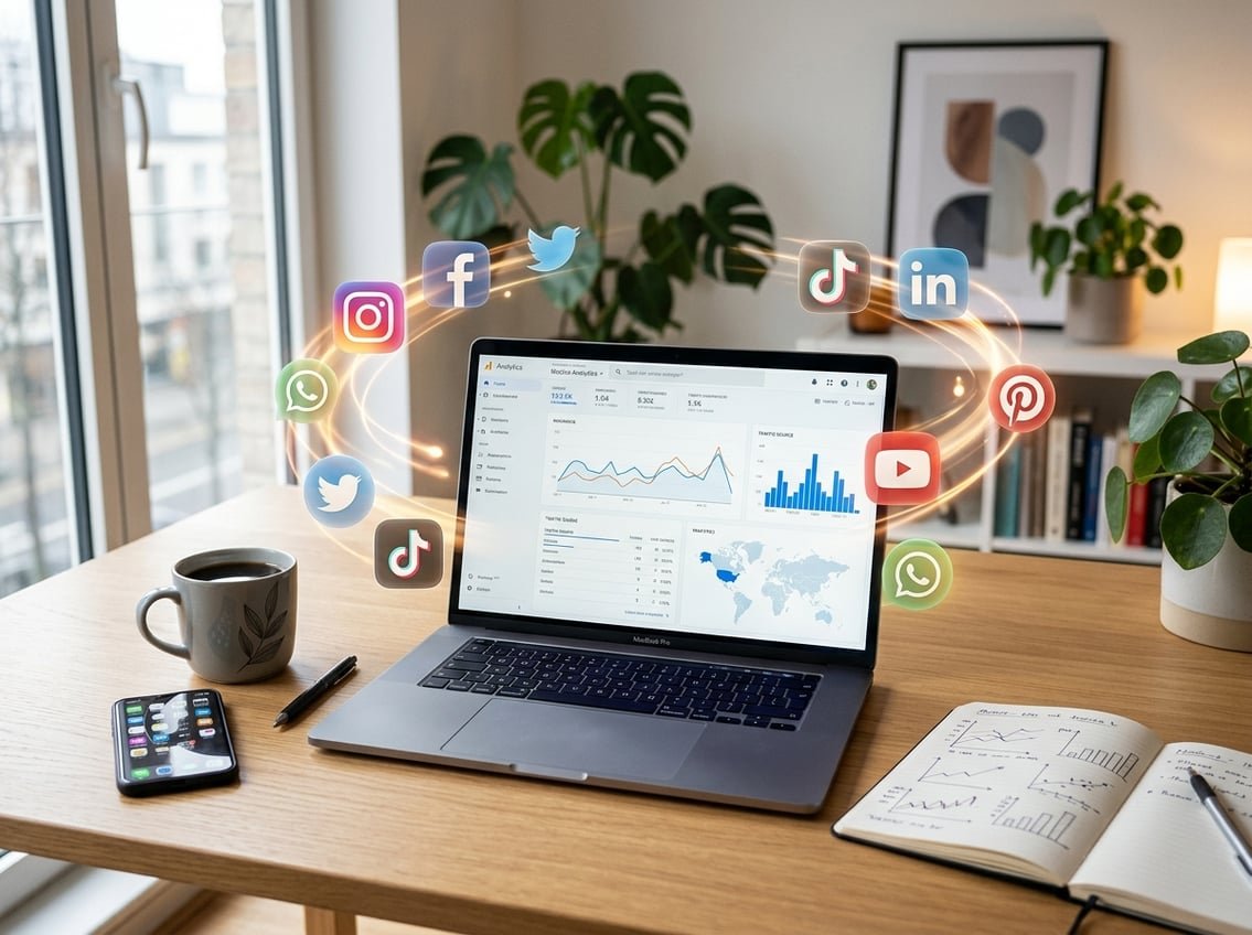 A laptop on a desk showing website analytics with social media icons floating around, alongside a smartphone, coffee cup, and notepad with charts.