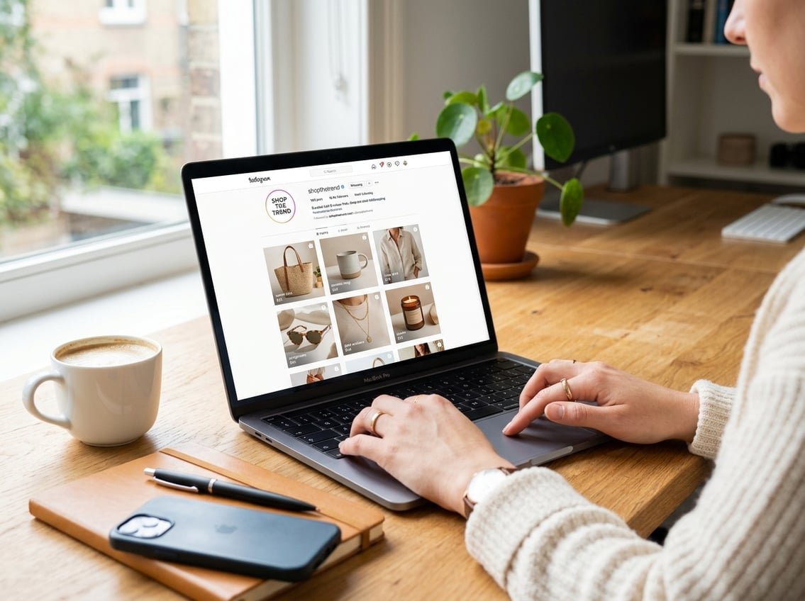 A person using a laptop showing an Instagram shopping page with products on a wooden desk with a smartphone, notebook, and coffee cup nearby.