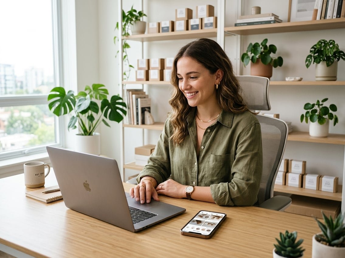 A person sitting at a desk using a laptop and smartphone to browse Instagram shopping in a bright home office.