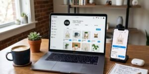 A workspace with a laptop and smartphone showing Instagram shopping features, a notebook, and a cup of coffee.