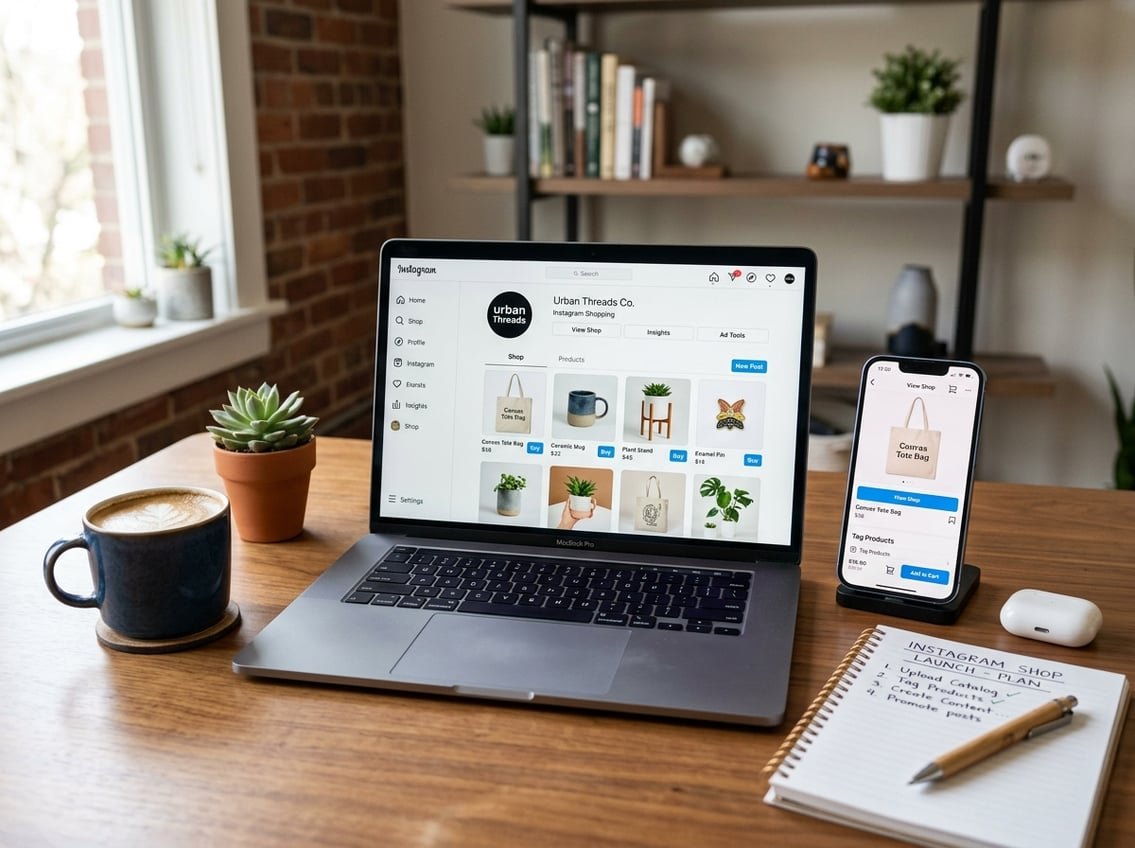 A workspace with a laptop and smartphone showing Instagram shopping features, a notebook, and a cup of coffee.