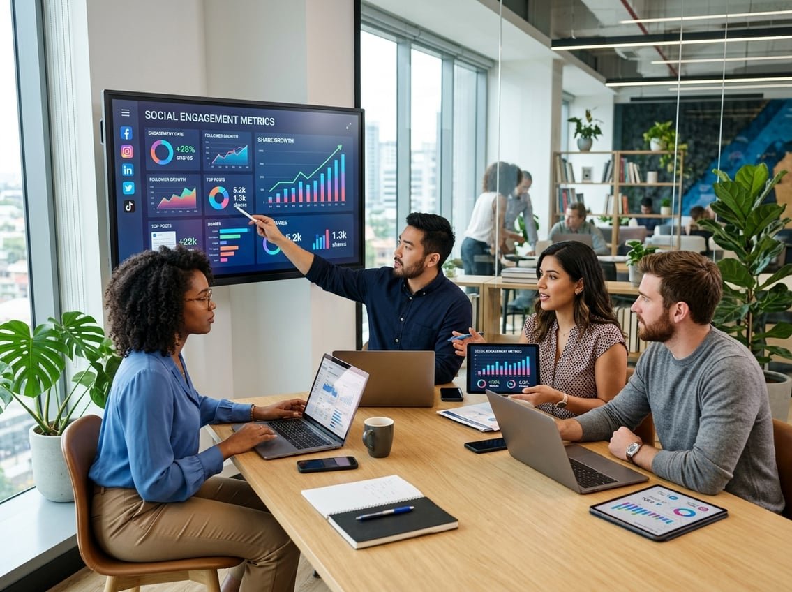 A group of young professionals working together around a table with laptops and digital screens showing social media analytics in a bright modern office.