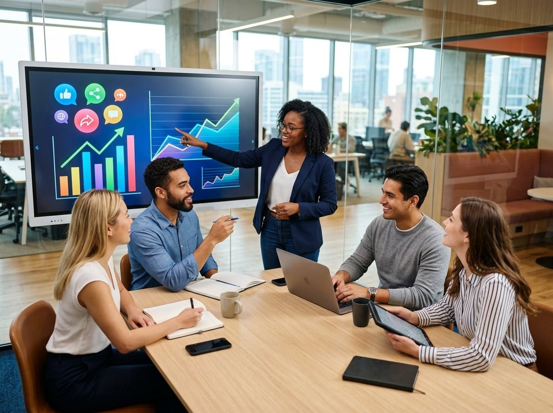 A group of young professionals collaborating around a table with digital screens showing social media icons and graphs.