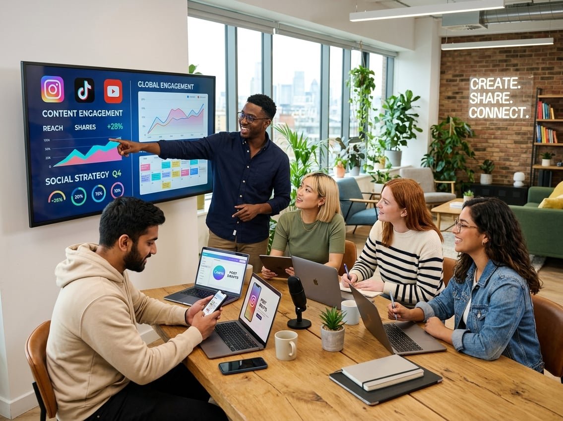 A group of people working together around a table with laptops and devices, looking at a screen showing social media icons and graphs.