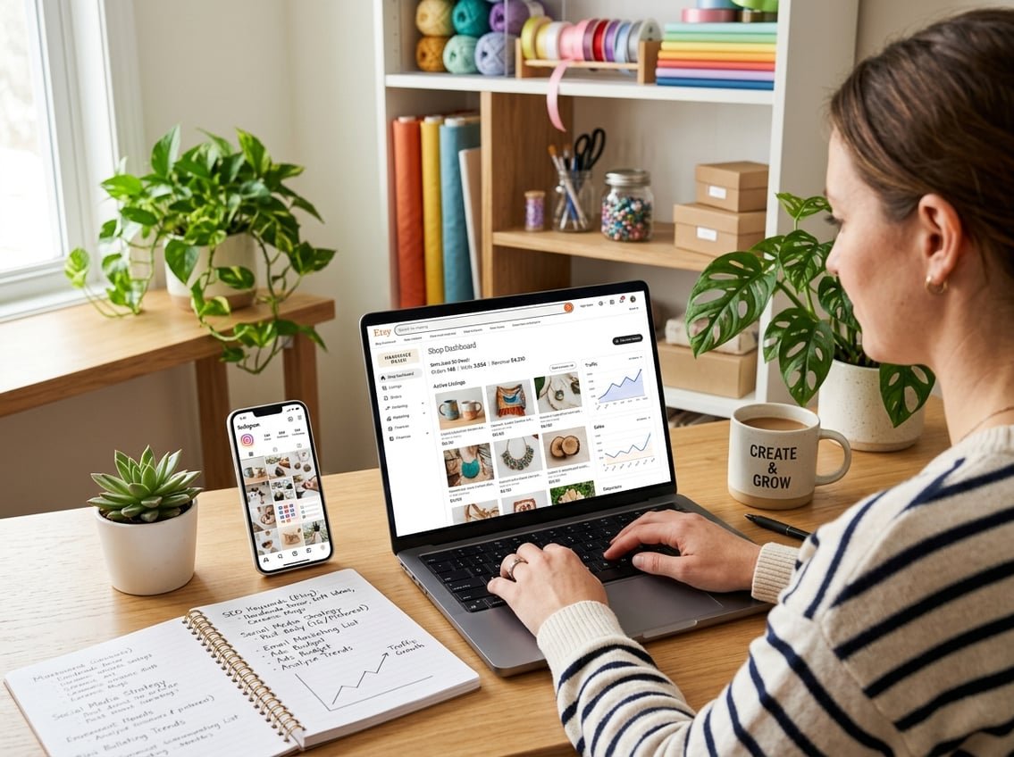 A home office desk with a laptop showing an online shop, a smartphone with social media apps, a notebook with notes and charts, and a cup of coffee.
