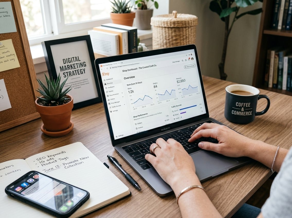 Hands typing on a laptop showing an online shop dashboard on a tidy desk with a smartphone, coffee cup, and plant nearby.