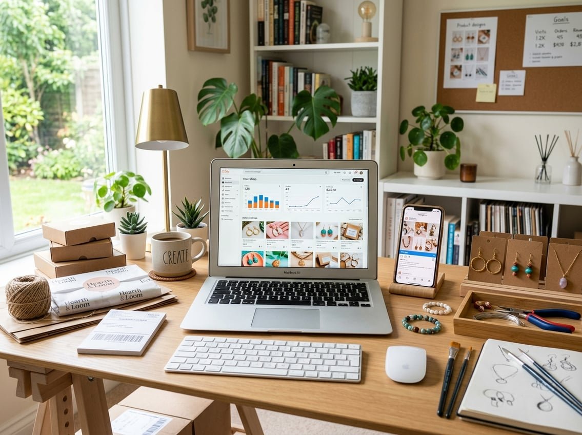 A home office desk with a laptop showing an Etsy shop dashboard, surrounded by handmade products, a smartphone, and packaging materials.