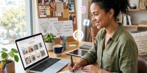 A person working at a desk with a laptop showing an online shop and social media icons floating nearby, surrounded by notes and a smartphone.