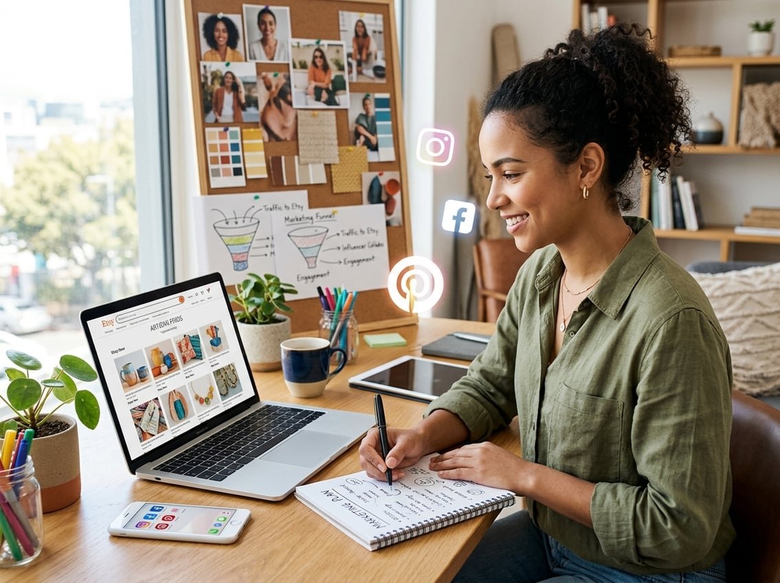 A person working at a desk with a laptop showing an online shop and social media icons floating nearby, surrounded by notes and a smartphone.