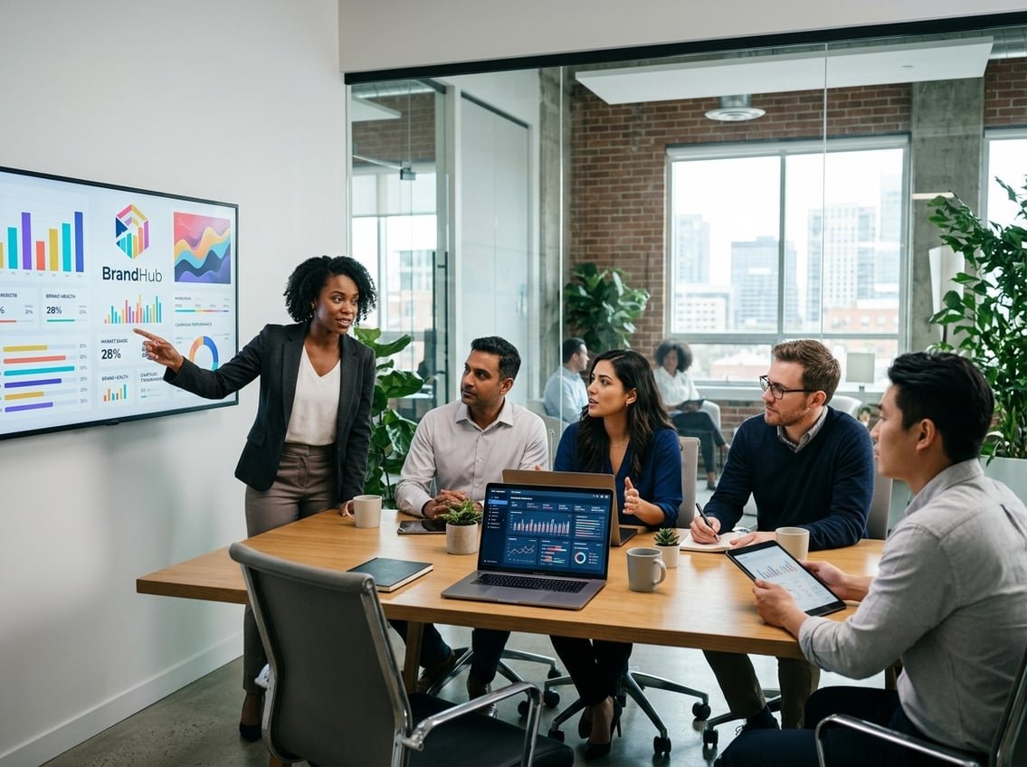 A group of business professionals collaborating around a table with digital devices showing brand management software and data visualizations in a modern office.