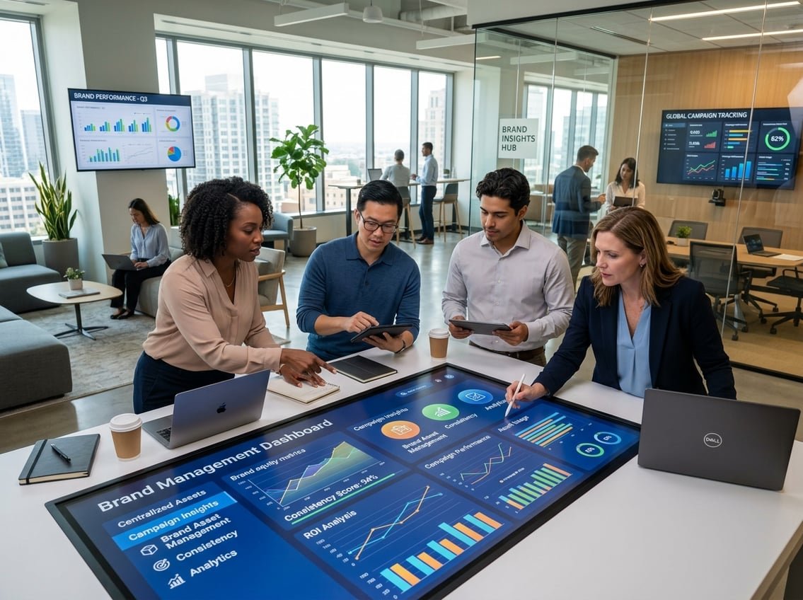 A group of business professionals collaborating around a digital touchscreen table displaying charts and brand analytics in a modern office.