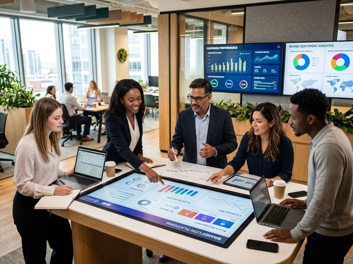 A group of business professionals collaborating around a digital touchscreen table displaying charts and brand logos in a modern office.