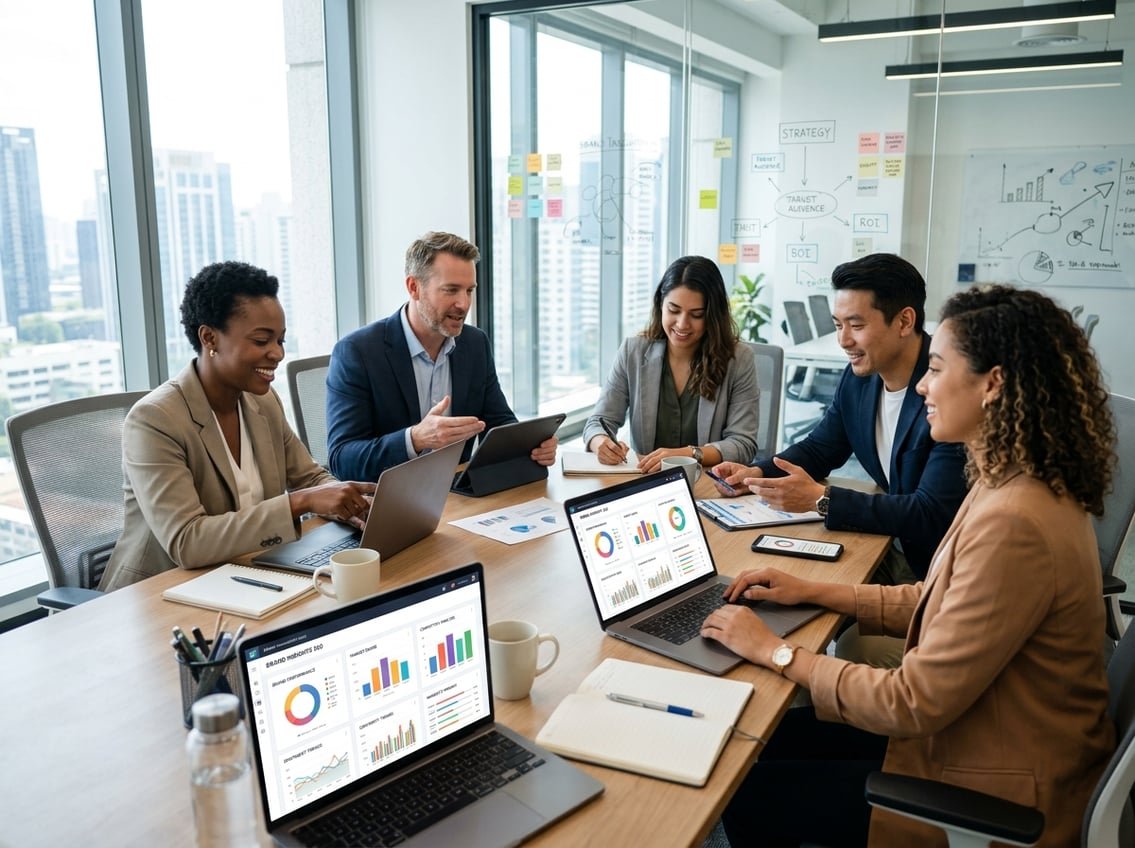 A group of business professionals collaborating around a table with digital devices showing charts and graphs in a modern office.