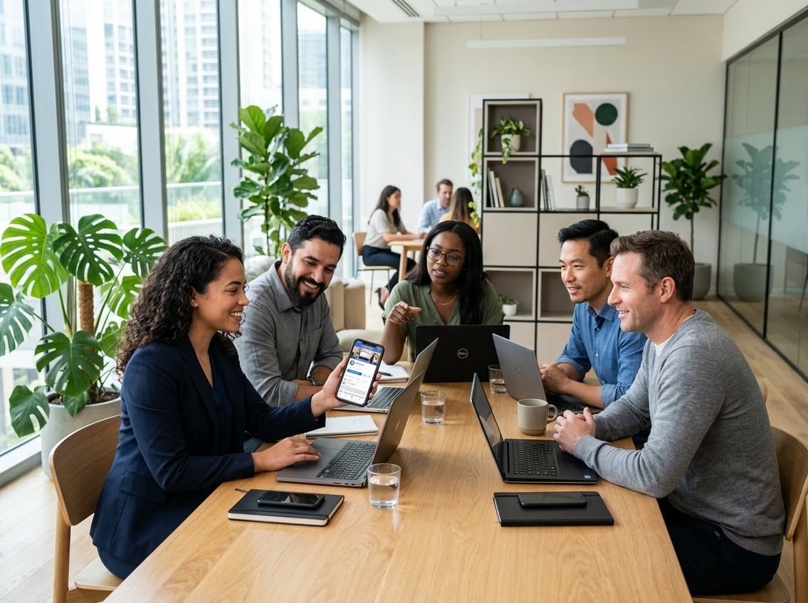 A group of people in an office sharing a business page on a smartphone while working together around a table.