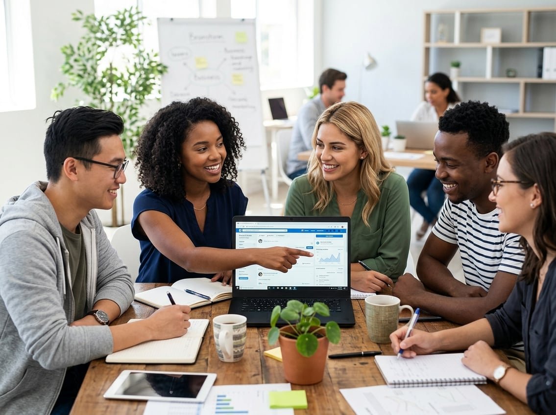 A group of young professionals collaborating around a laptop showing a Facebook business page in a modern office setting.