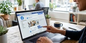 Hands using a laptop displaying Facebook business page sharing options in a bright office setting.