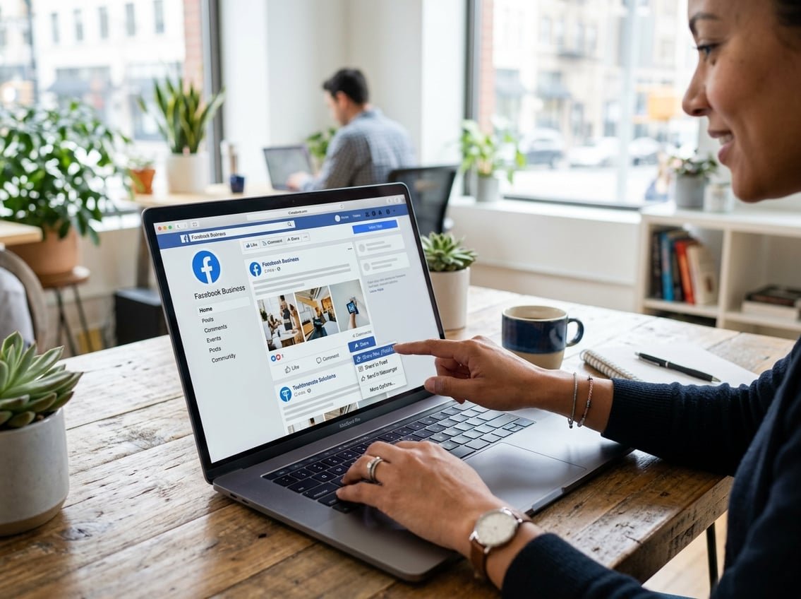 Hands using a laptop displaying Facebook business page sharing options in a bright office setting.