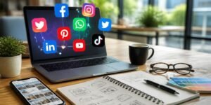 A modern workspace with a laptop showing social media icons, a smartphone displaying an Instagram feed, and marketing materials on a desk in a bright office.