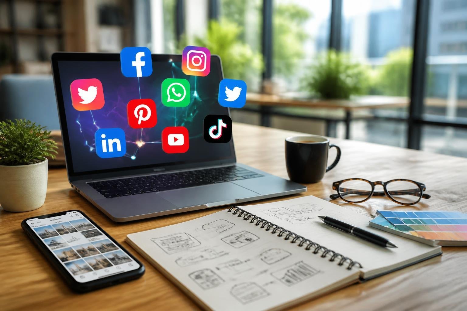 A modern workspace with a laptop showing social media icons, a smartphone displaying an Instagram feed, and marketing materials on a desk in a bright office.