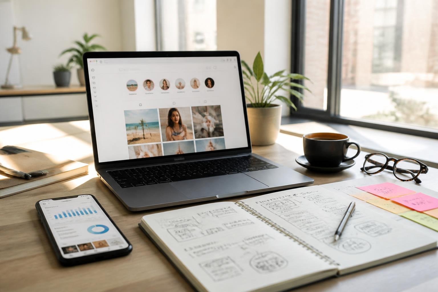A modern workspace with a laptop showing Instagram posts, a smartphone with analytics, a notebook with branding notes, and office items on a desk.