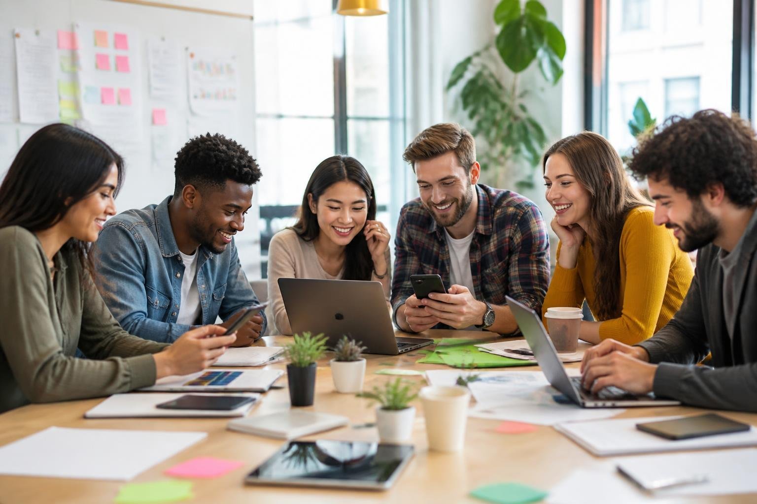 A group of diverse young adults collaborating around a table with digital devices in a bright office space.