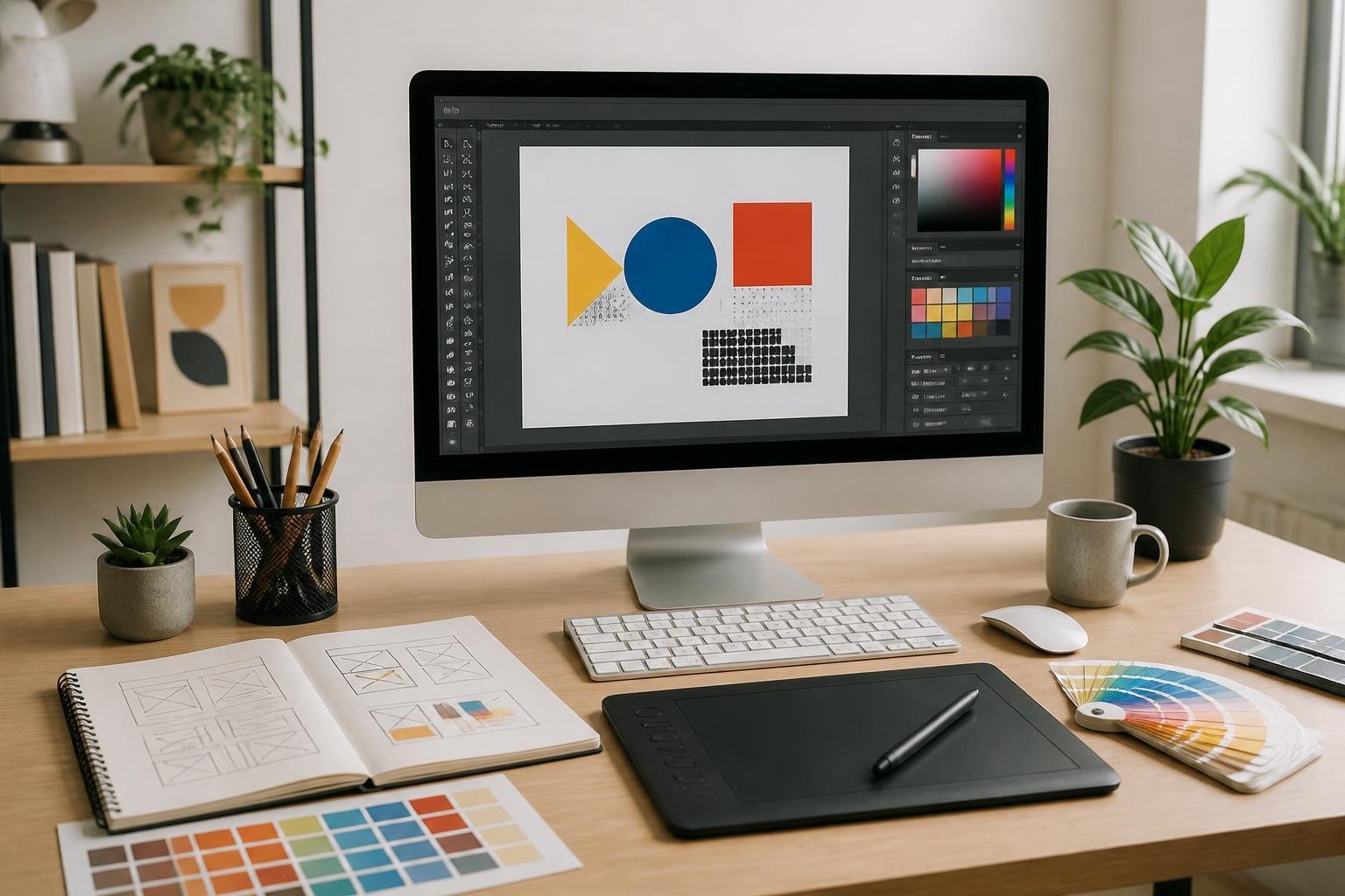 A clean desk with a computer showing graphic design software, a sketchbook, color swatches, and drawing tools in a bright workspace.