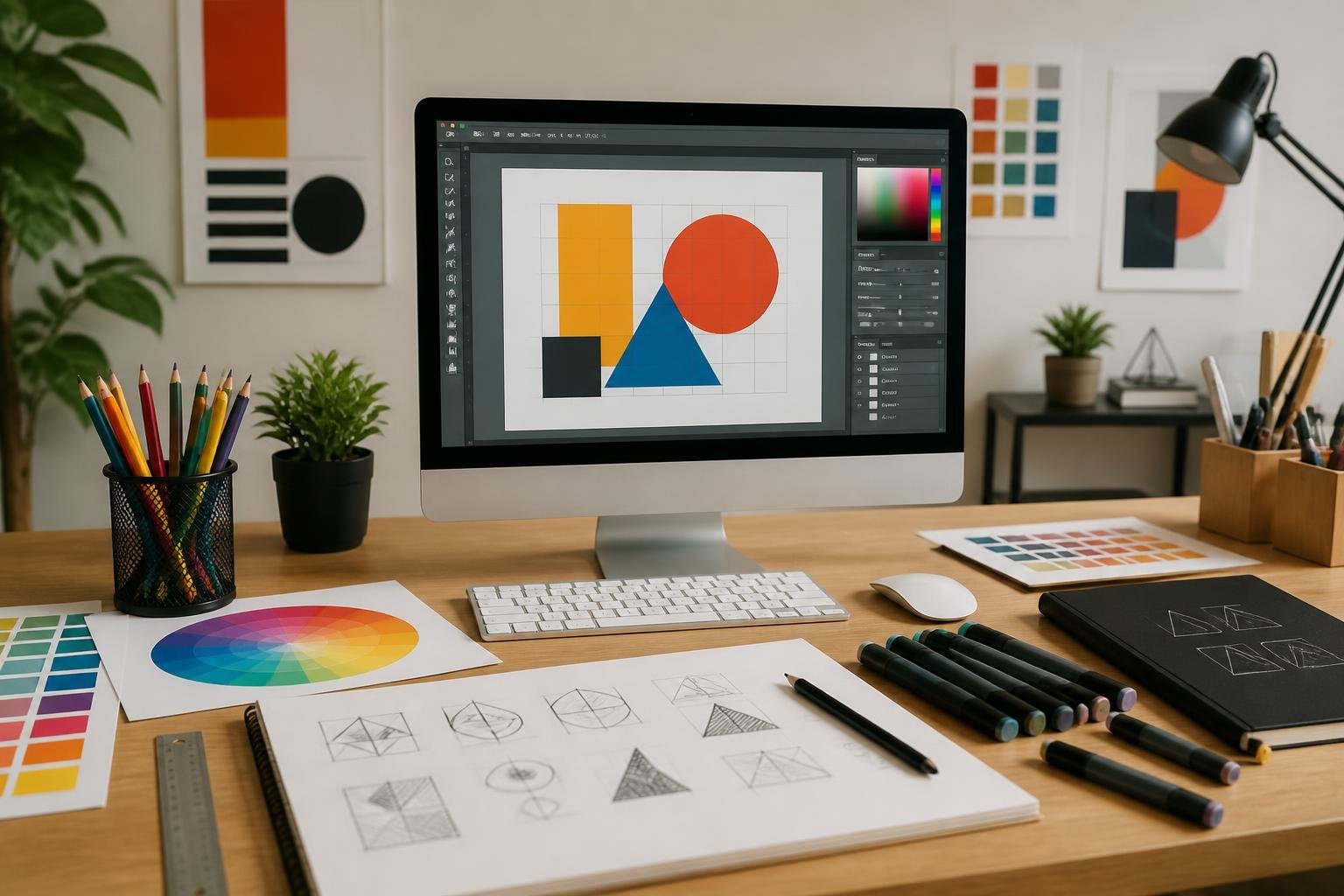 A workspace with graphic design tools including a color wheel, rulers, pencils, a sketchbook with sketches, and a computer showing design software.