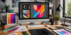 A modern workspace with a computer showing colorful design palettes, surrounded by design tools and color samples.